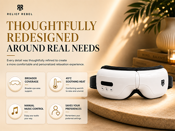 Relief Rebel eye massager with broader coverage, 45°C heat, manual music and saved settings