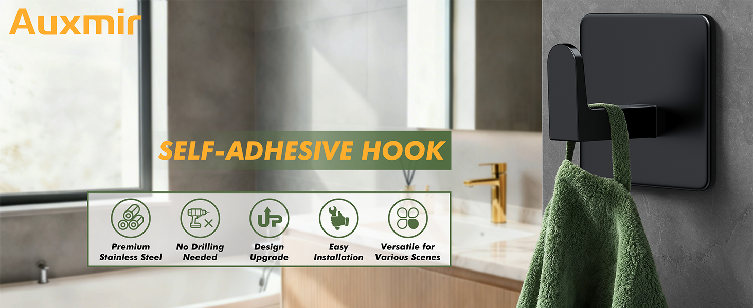 Auxmir self-adhesive hook, premium stainless steel, no drilling needed, easy installation