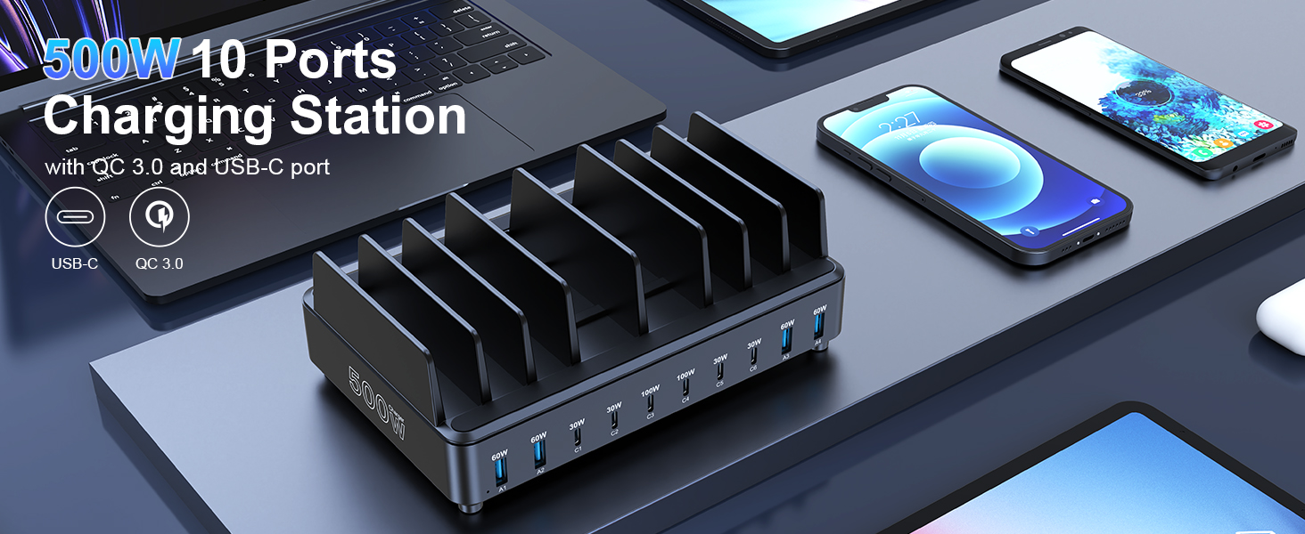 500W 10-ports USB C Charging Station