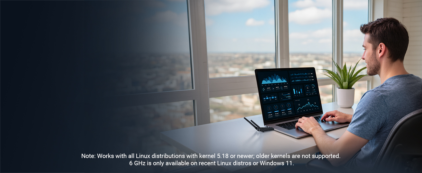 A Man is Using a Laptop with the Linux Compatible WiFi 6E USB Adapter Plugged in