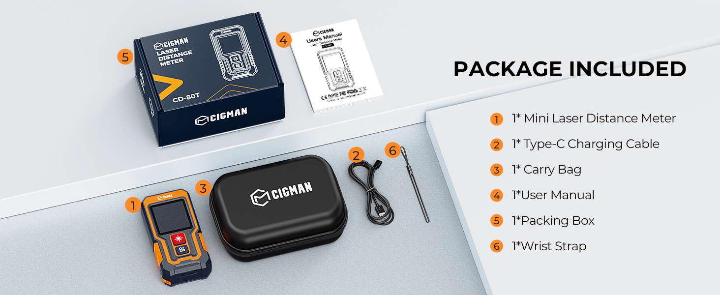 Text reads 'PACKAGE INCLUDED' followed by product contents list including T-Mini Laser, charging cable, carry bag, user manual, and TYpe-in Setup.