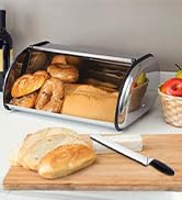Bread Box for Kitchen Counter, Stainless Steel Roll Top Bread Bin, Sliver Bread Storage Holder wi...
