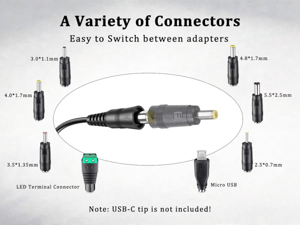this power adapter includes 8pcs connectors that can use for various devices