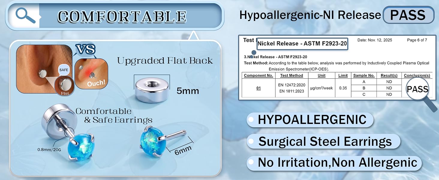 Hypoallergenic Surgical Steel Earrings - Flat Back Stud Earrings for Women