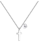 Tiny Cross Necklace for Girls | Heart Initial Necklace | Heart Birthstone Necklace | Letter Stain...