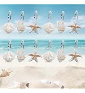 12-Pack Coastal Shower Curtain Hooks – Decorative Seashell, Starfish &amp; Conch Design, Rust-Proof S...