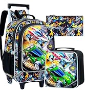 CCJPX 3Pcs Racing Car Rolling Backpack for Boys, 18" Kids Wheeled Bookbag with Lunch Box, Lightwe...