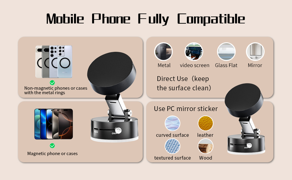Mobile phone holder with magnetic and non-magnetic compatibility. Features adjustable arm, round base, and compatibility with various phone surfaces including glass, metal, and wood.