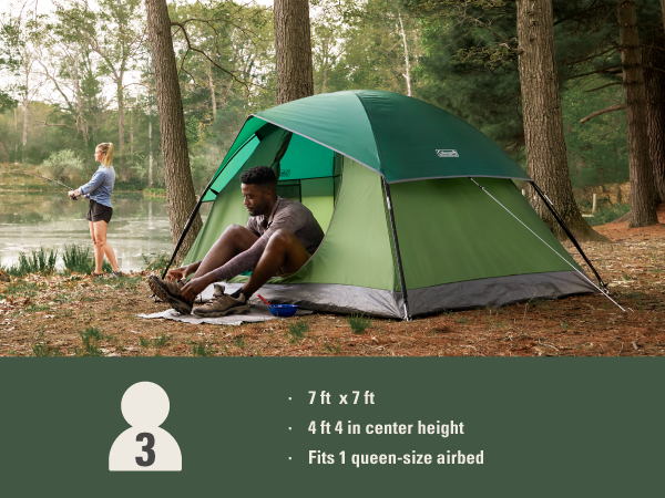 three person tent capacity height size airbed green fishing outdoor woods grass sleep easy nice fit