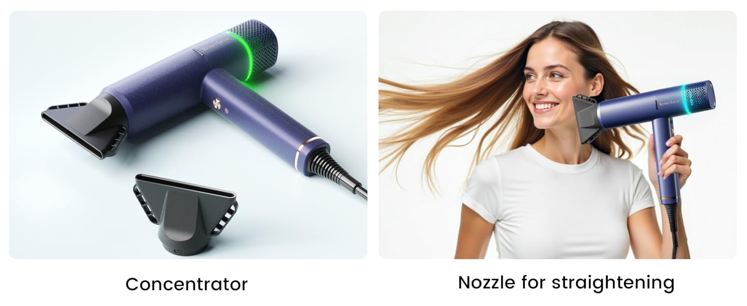 Text reads: 'Concentrator' and 'Nozzle for straightening'. Hair styling tool attachments shown, including concentrator nozzle and straightening attachment.