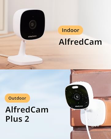 Indoor AlfredCam and outdoor AlfredCam Plus 2 shown in home settings for complete home security.