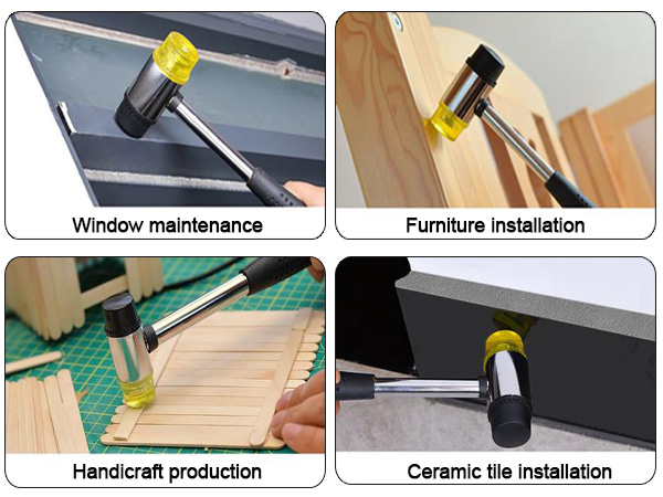 The small rubber mallet comes with two types of hard plastic and soft rubber hammer heads.
