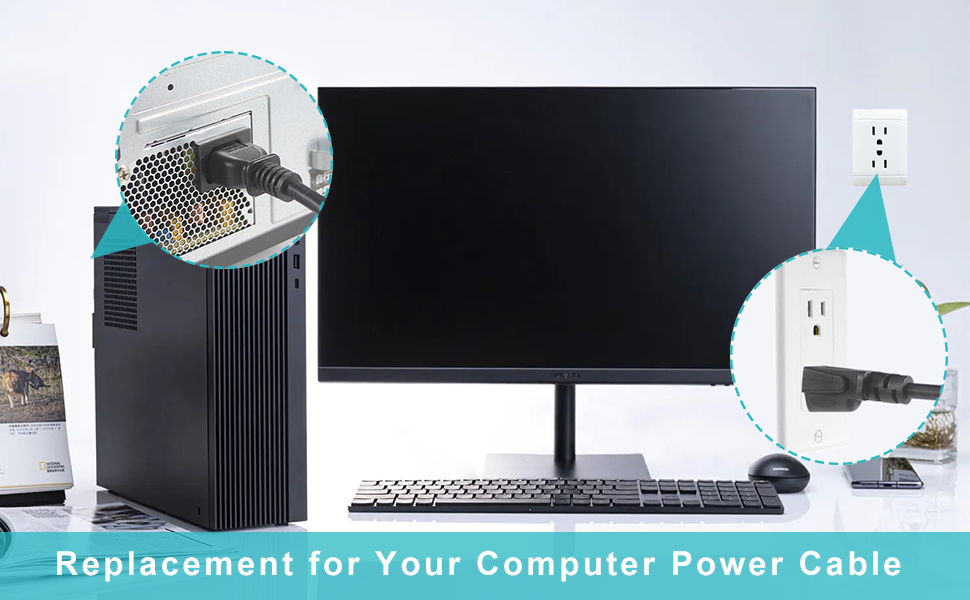 12FT Computer Monitor Replacement Power Cord -Black Long Standard PC Replace AC Power Supply Cord