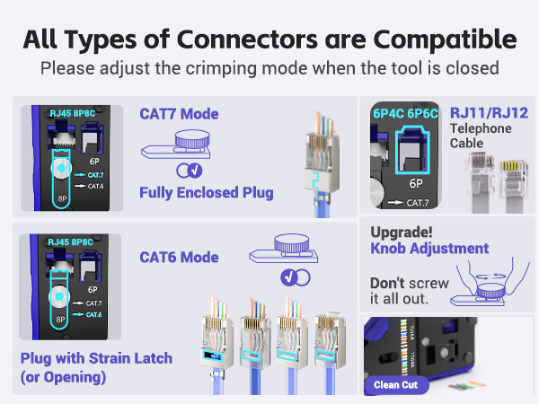 Crimp all RJ45, RJ12, and RJ11 connectors-metal, plastic, pass-through, or non-pass-through