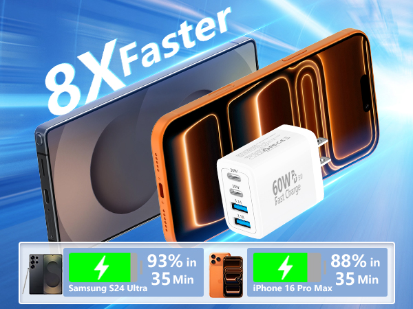 2Pack 60W 4Port USB C Wall Charger Block Dual PD&amp;amp;QC Power Type C Fast Charging Adapter USB-A Charg