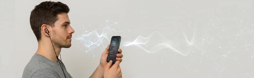 Man in profile wearing earphones, holding a phone with abstract, glowing soundwaves