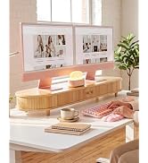 WELL WENG Bamboo Dual Monitor Stand with Storage, Curved Double Computer Laptop Stand Desk Shelf ...