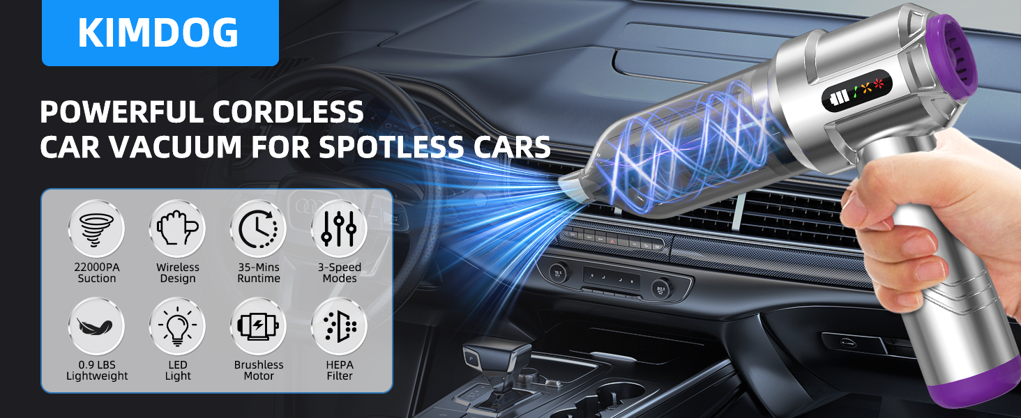 Text reads 'KIMDOG' and 'POWERFUL CORDLESS CAR VACUUM'. Marketing image showing car vacuum cleaner with digital display and various cleaning attachments.