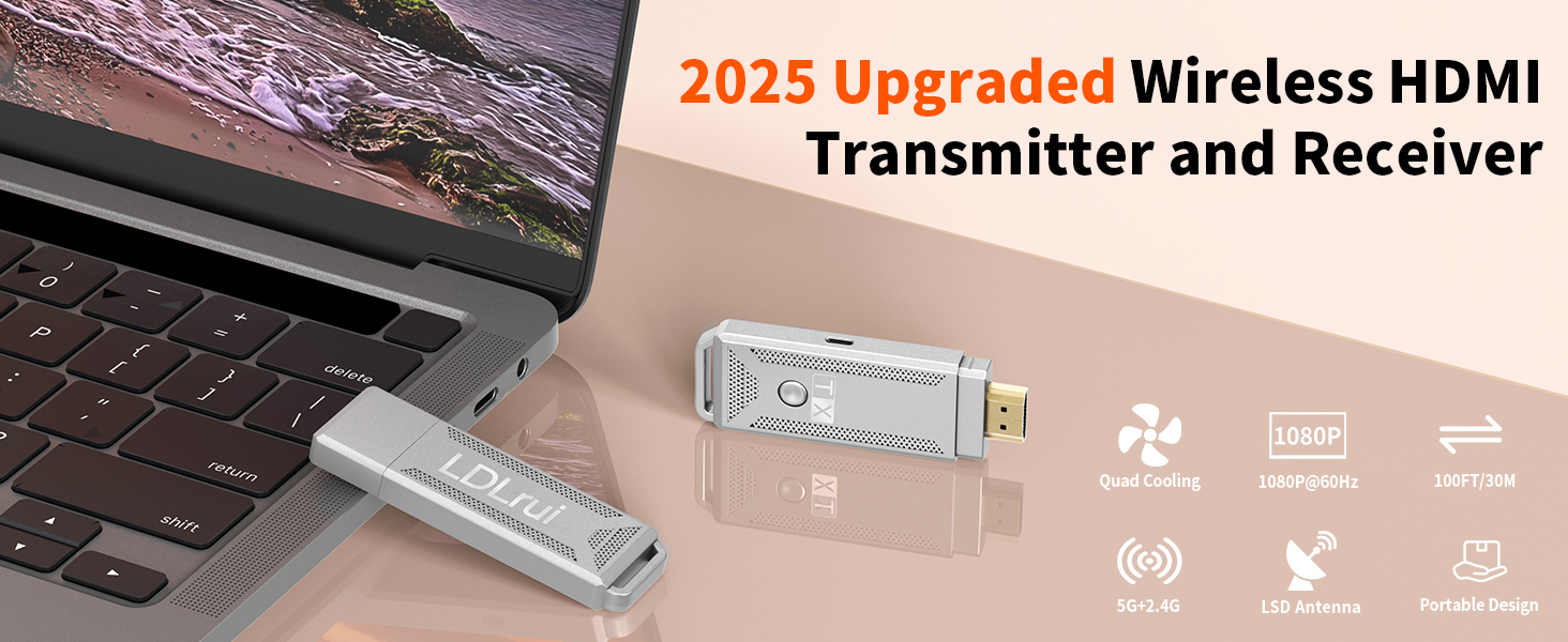 Text reads '2023 Upgraded Wireless HDMI Transmitter and Receiver.' Product shown connected to laptop, demonstrating wireless display connection functionality.