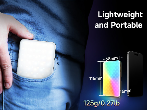 Compact portable device with dimensions 115mm x 68mm x 16mm, weighing 125g/0.27lb. Shows pocket insertion and colorful rainbow side panel.
