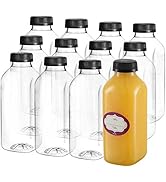 DilaBee 16 Oz Empty Plastic Juice Bottles with Lids – 12 Pack Small Square Drink Containers - Gre...