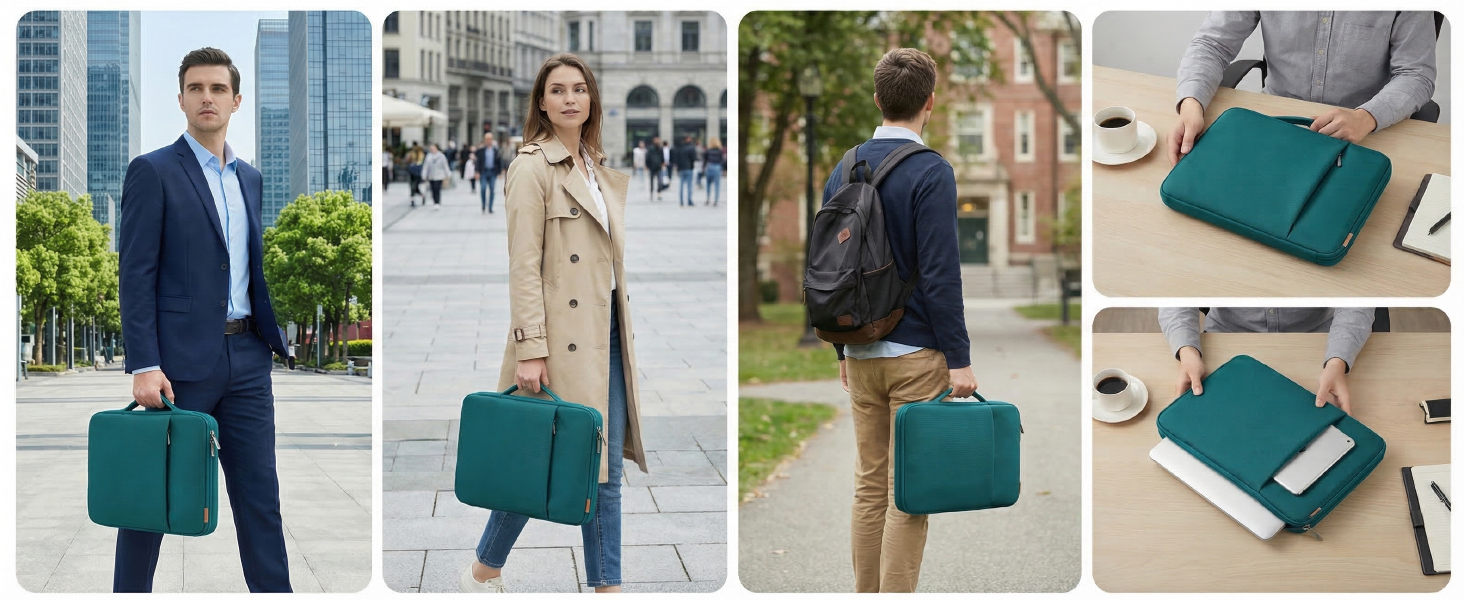 Collage of people carrying teal-colored backpack in different settings and views of backpack details