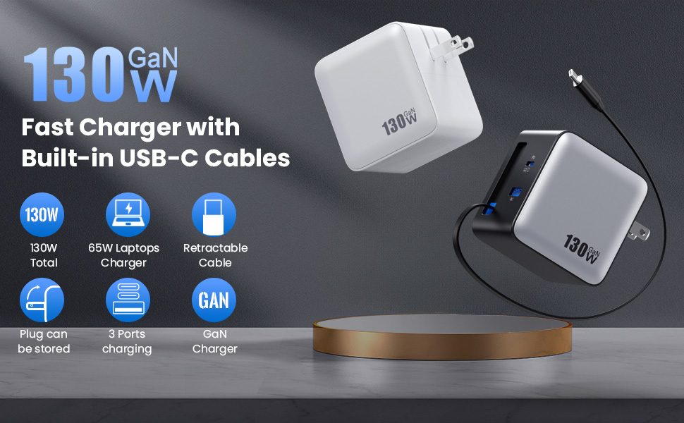 USB C Charger Block Built-in Retractable Cable,GaN Foldable Plug Wall Charger Fast Charging Station