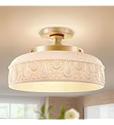 Lamomo Semi Flush Mount Ceiling Light,White Glass Shade Gold Hallway Light Fixture,3-Bulb Globe G...