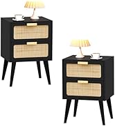 Rattan Nightstand Set of 2, Wood End Table, Side Table with 2 Hand Made Rattan Decorated Drawers,...