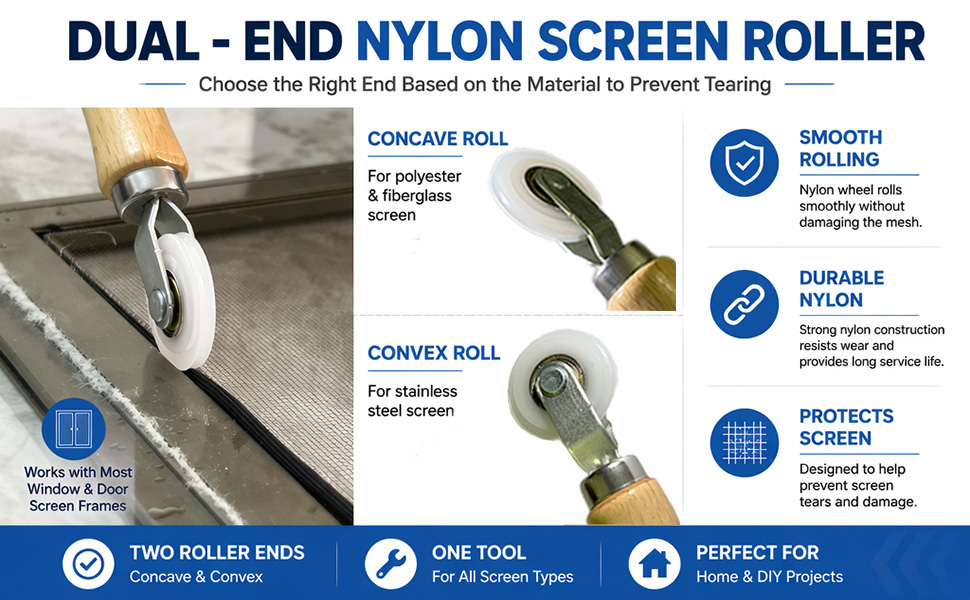 The dual-ended screen rolling tool helps guide mesh and spline into frame grooves with control