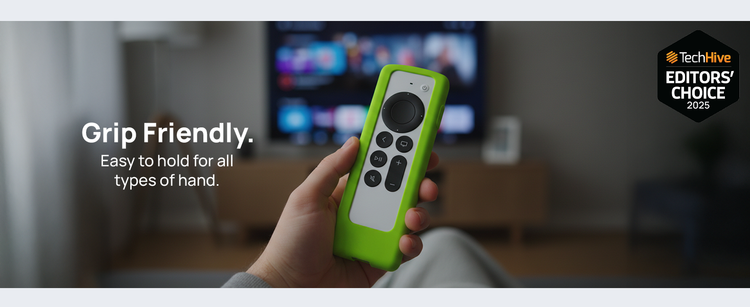 Hand holding Siri Remote with GripStand case, easy to grip and use in living room setting