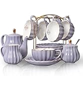 Sweejar hualisi Porcelain Sets British Royal Series, 8 OZ Cups&amp; Saucer Service for 6, with Teapot...