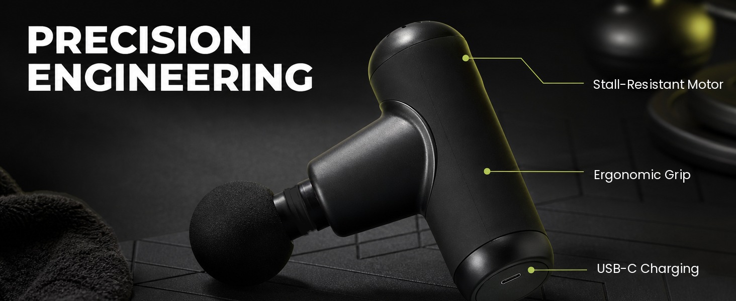 Mini massage gun with stall-resistant motor, ergonomic grip, USB-C charging and 4 heads