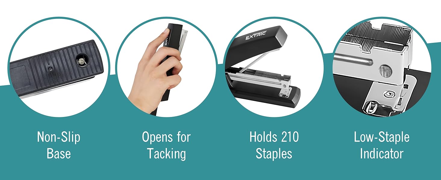 Standard Stapler with Non Slip Base, Opens for Tacking, Holds 210 Staples, Low Staple Indicator