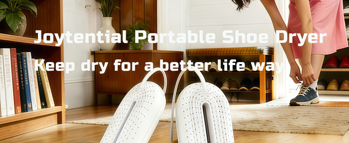 Text reads 'Thylendist Portable Shoe Dryer' and 'Keep Dry for Sneaker Life use'. Product demonstration in home setting.