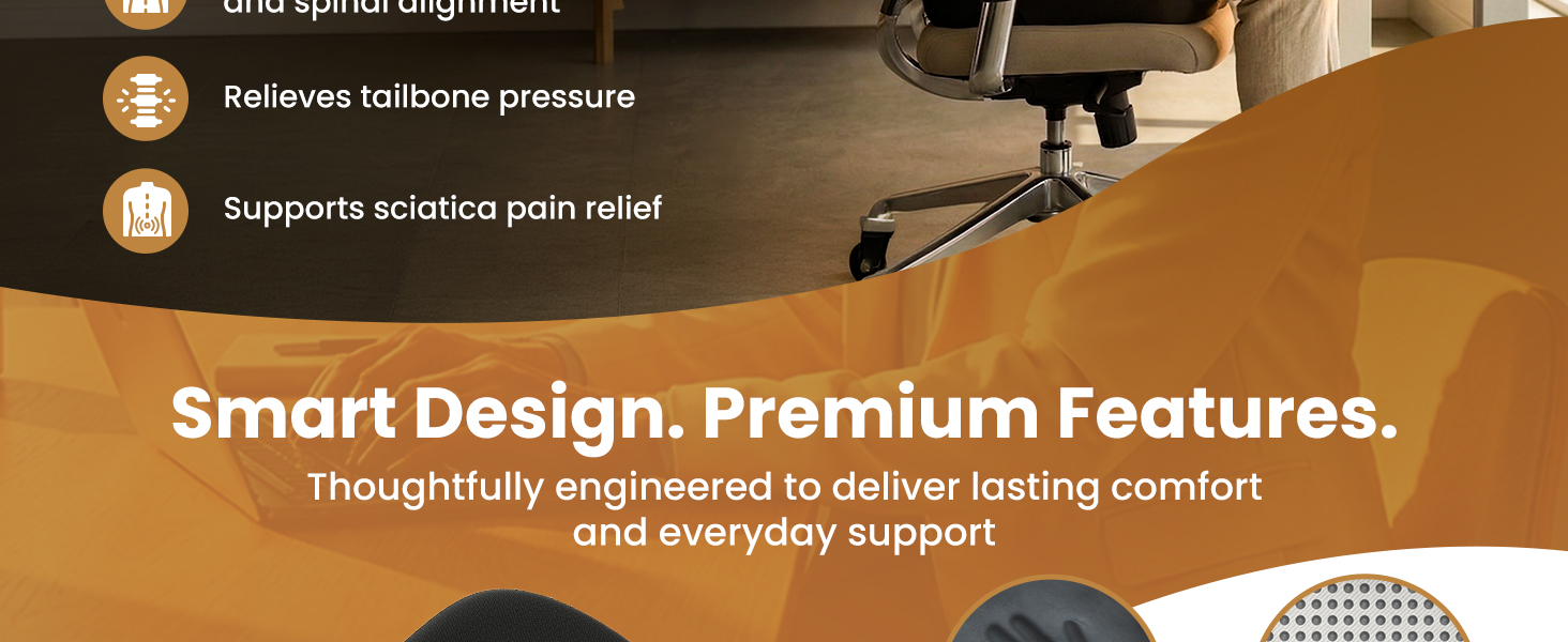 Close-up of a person sitting in an office chair with icons highlighting seat cushion benefits.