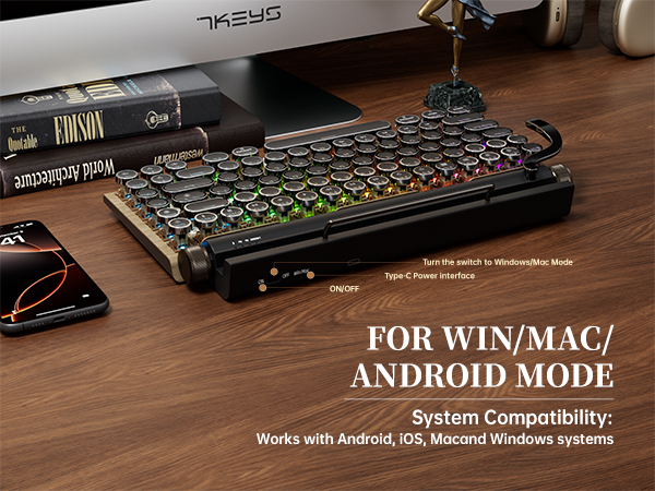 This wireless retro keyboard easily switches between different operating systems.