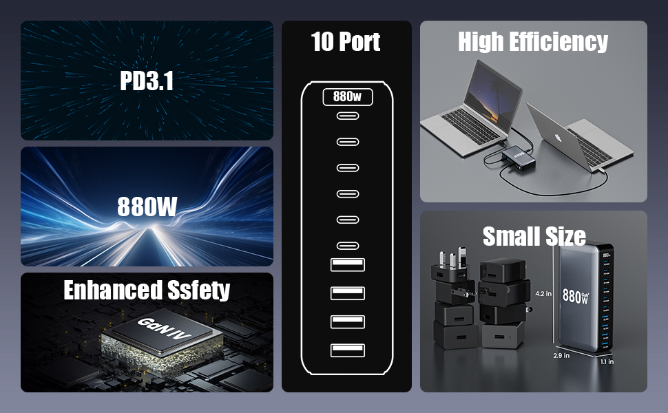 USB C Charger Block 880W Charging Station Hub,8 Port GaN III Fast Charging Brick