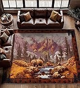 YIHOUSE Rustic Cabin Area Rug for Bedroom 8x10,Machine Washable Woodland Bear Rug,Non-Slip Low Pi...