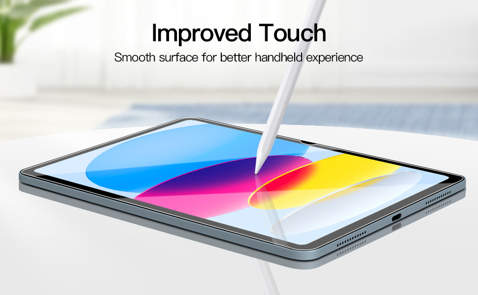 Tablet device with colorful display showing pen interaction. Text 'Improved Touch' indicates enhanced surface sensitivity for better handwriting experience.