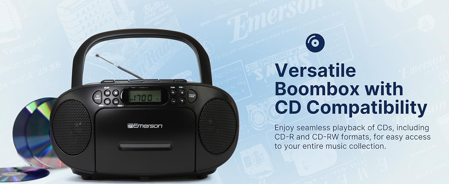 Versatile Boombox with seamless playback of CD's, CD-R, CD-RW formats for access your favorite music
