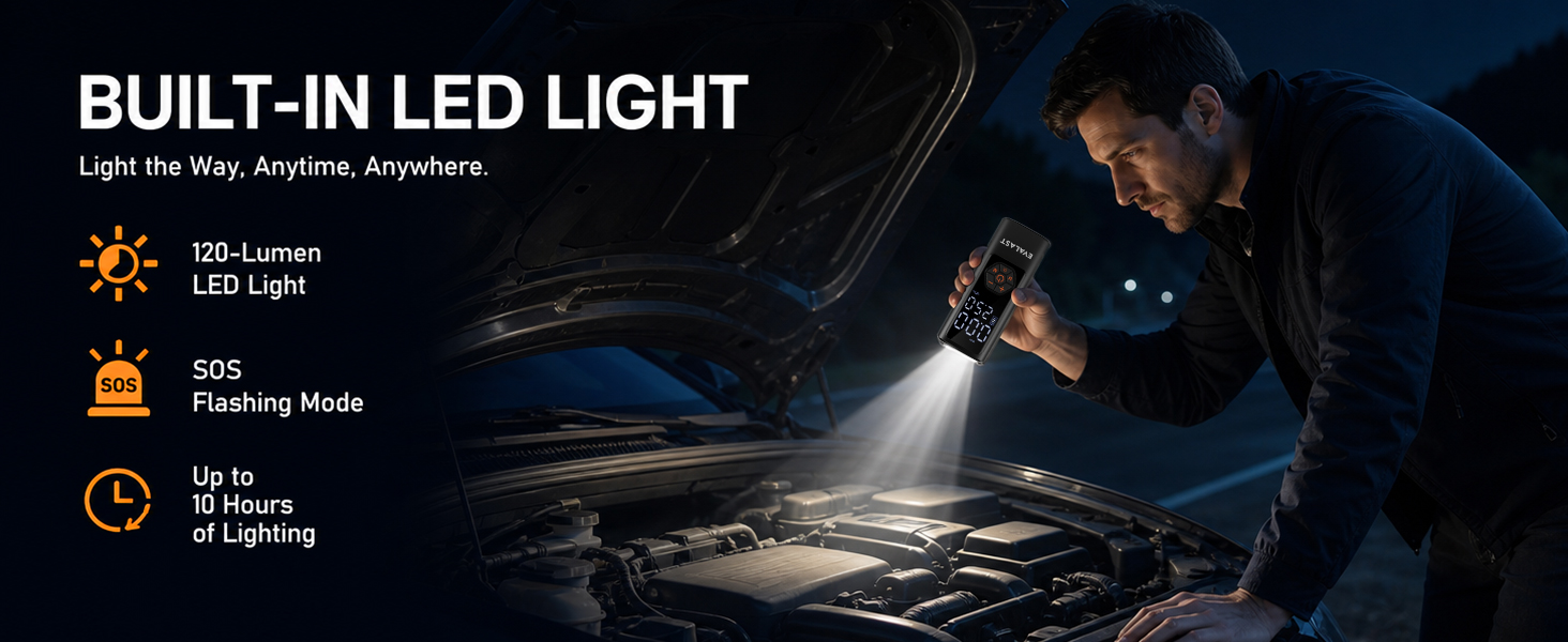 120-lumen LED and SOS light illuminate a vehicle engine compartment during a nighttime stop.