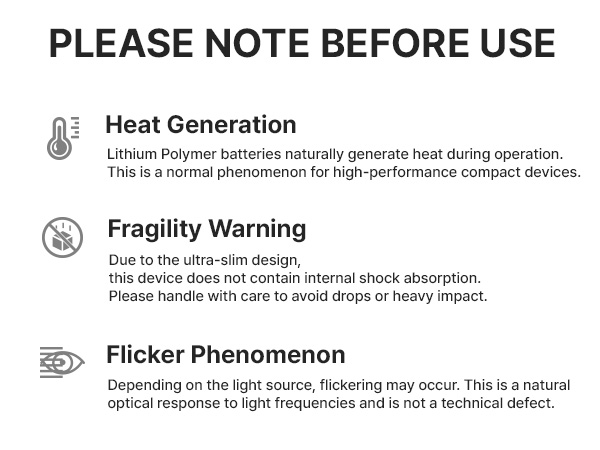 Important user notes regarding heat generation, fragility warning, and optical flicker response