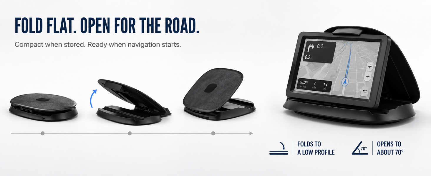 Foldable dash phone stand with 70° support, compact GPS mount, soft pad and deep front groove