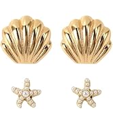 2 Pairs Gold Seashell Earrings for Women and Starfish Earrings, Beachy Boho Dangle Drop Jewelry, ...