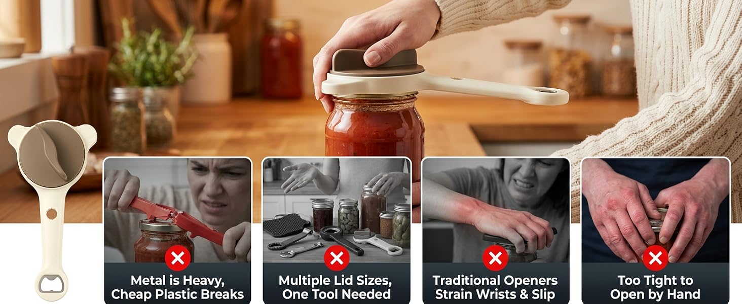 4-in-1 Jar Opener for Seniors -Adjustable Lid Opener with Non-Slip Grip
