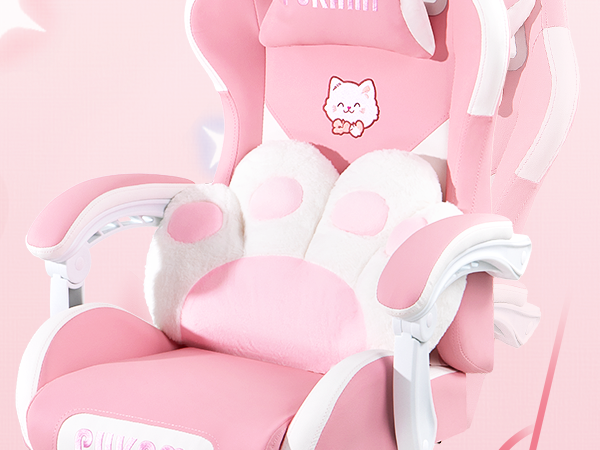 Gaming Chair with Cat Ears and Cat Paw Lumbar Cushion, Cute Ergonomic Gaming Computer Desk Chair