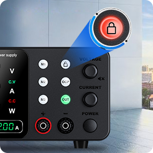 Close-up of a control panel with buttons and a prominent red circle with a lock icon, suggesting security or access control features.