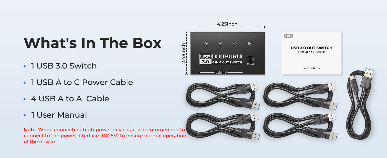 keyboard switch package includes a USB 3.0 switch, four USB A to A cables, and one USB A to C cable