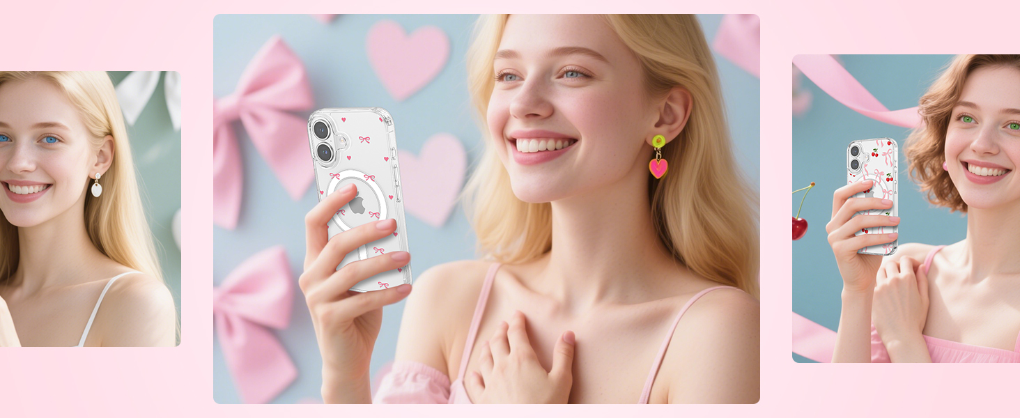 Three-panel advertisement showing smartphone with decorative case against pink background with bow elements. Demonstrates phone case usage with selfie-taking poses.
